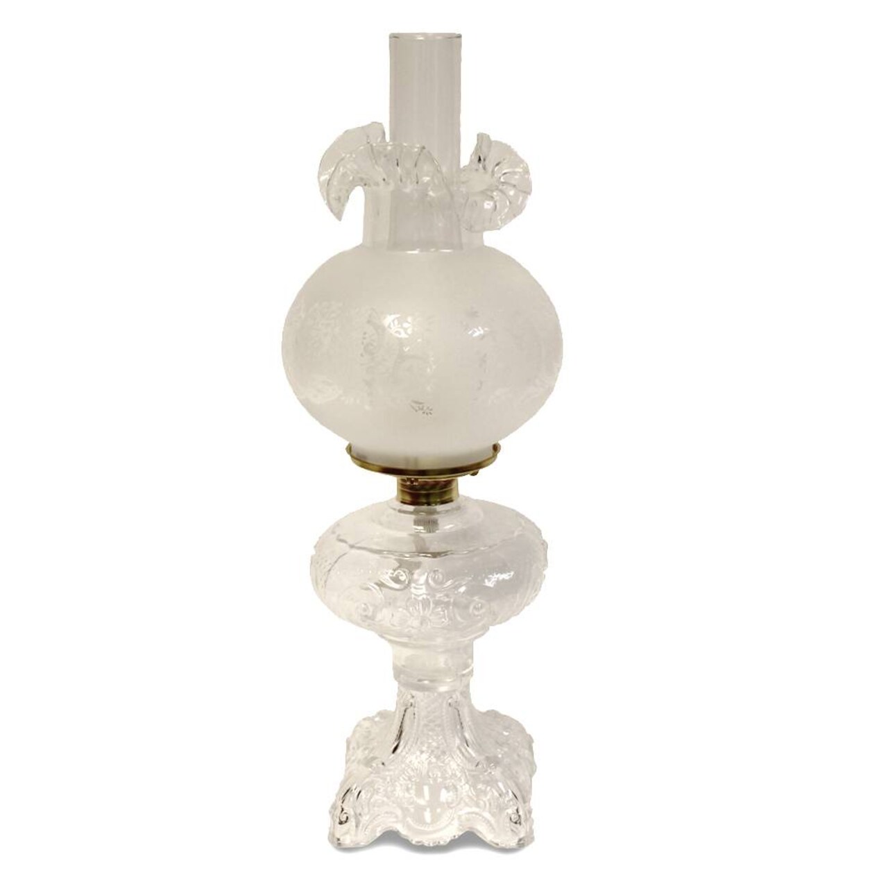 Lehman's Princess Feather Oil Lamp - Historical Design with Glass Lamp, Brass Burner, 12" Chimney, Etched Ball Glass Shade, 22 Inches High